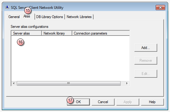 Windows SQL Server network utility, alias tab