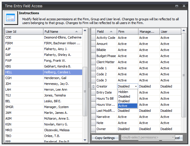 Time Entry Field Access window