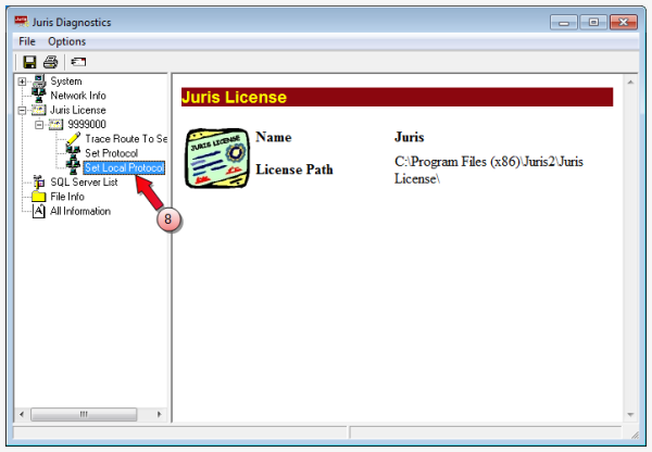 Juris diagnostics window, select set local protocol