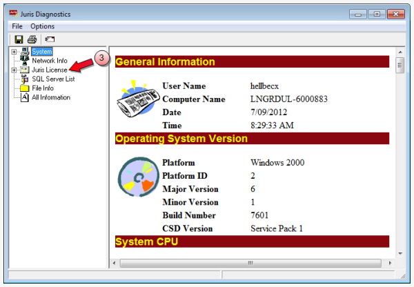 Juris diagnostics window
