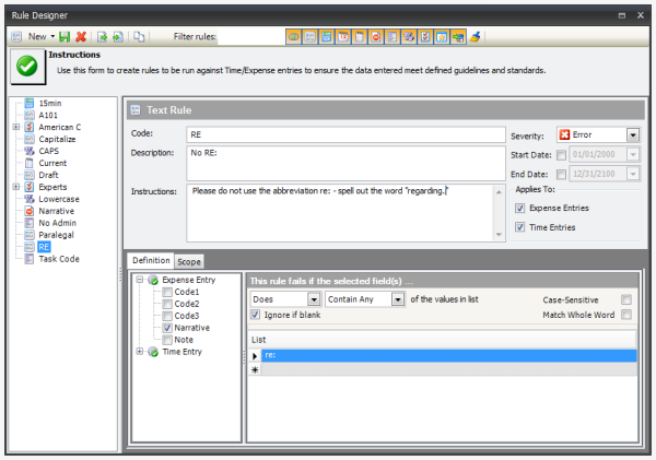 Rule Designer, New Text Rule, filled in