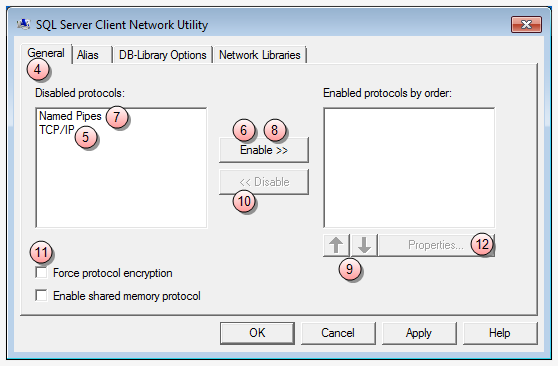 Windows SQL server client network utility window