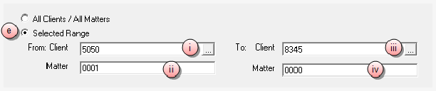Select the option and then the client and matter ranges Print Bills, Selected Range options