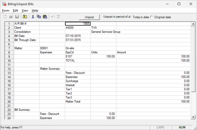 Billings, unpost bill window