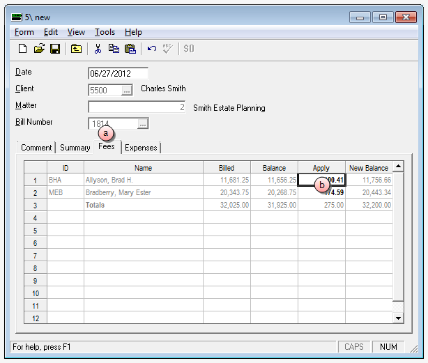 Credit memo Fees tab window