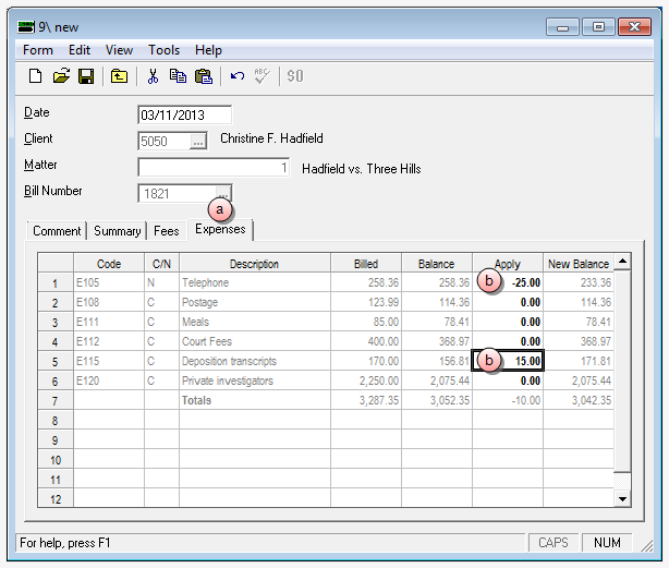 Credit memo Expenses tab window