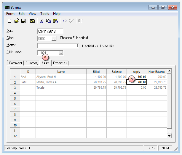 Credit memo Fees tab window