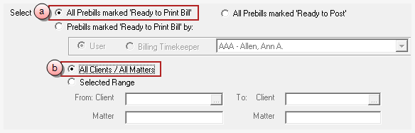Ready to Print Bill for All Client and All Matters options