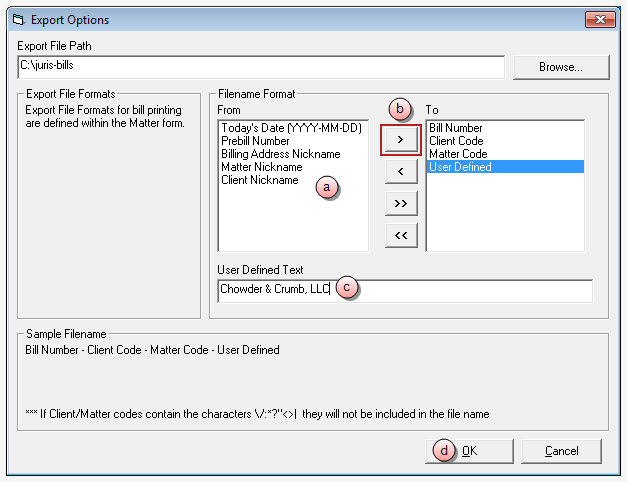 Export Options window
