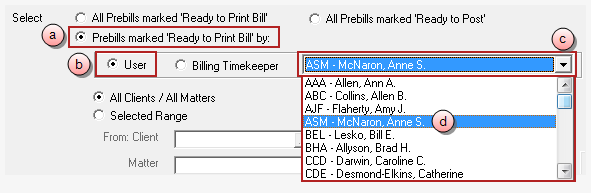Prebills ready to print bill by specific user options