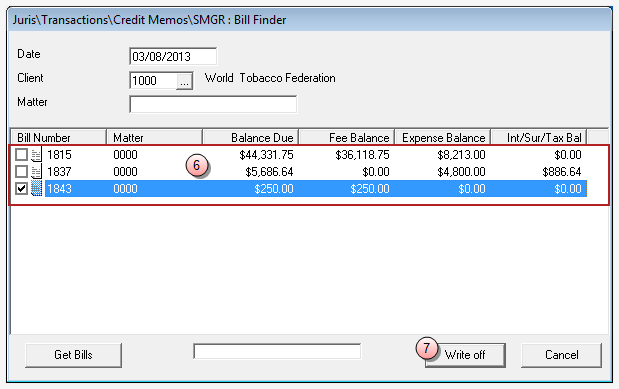 Bills Finder window - with found bills selected