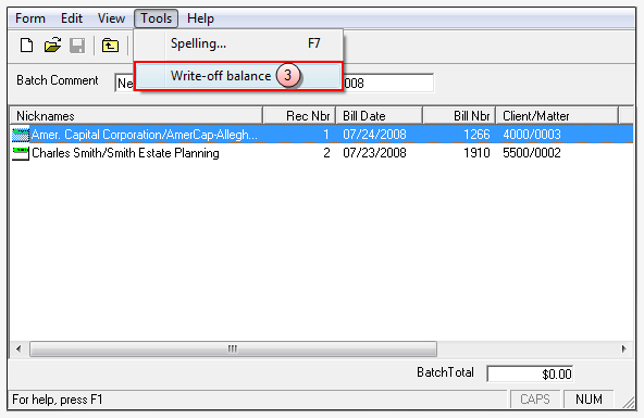 Tools, Write Off Balance menu option