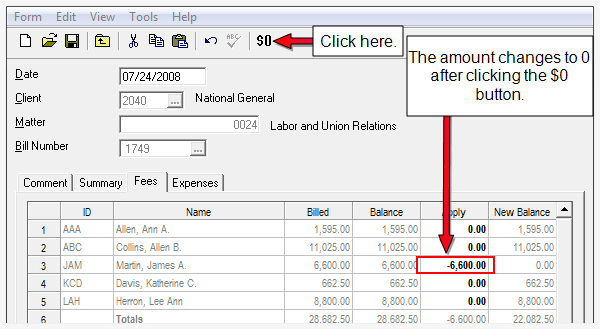 Client/Matter window, Write Off Balance $0 toolbar button