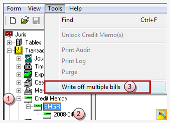 Transactions, Credit Memos, Write off multiple bills selection