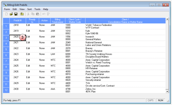 Billing\Edit Prebills window