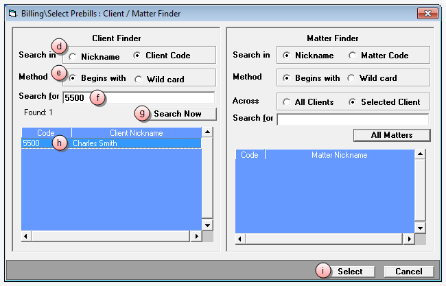 Billing\Select Prebills : Client / Matter Finder window