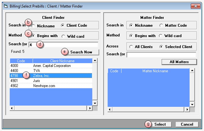 Billing \ SelectPrebills : Client / Matter Finder window