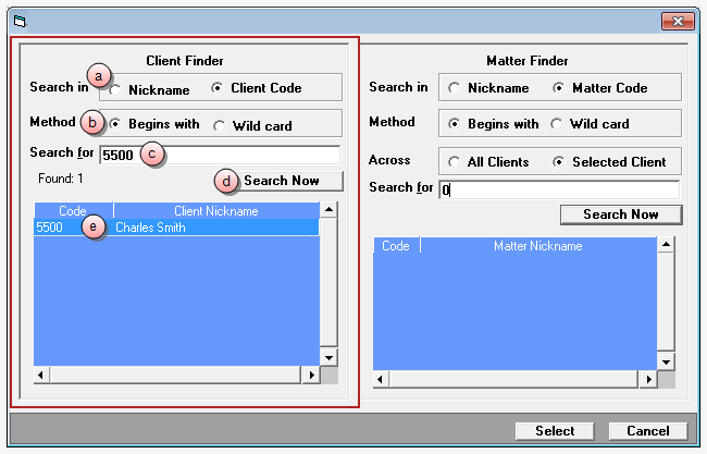 Client/Matter Finder window, Client Finder options