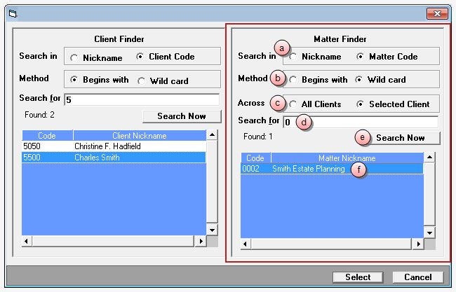 Client/Matter Finder window, Matter Options