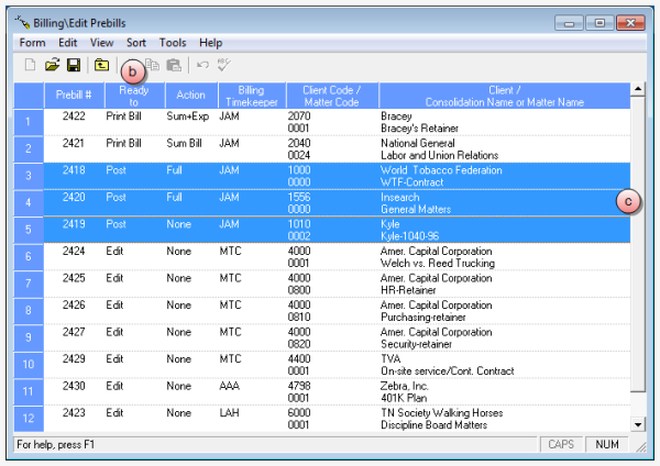 Billing\Edit Prebills window