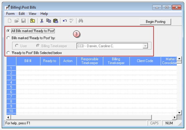 Billing, Post Bills window - Ready to Post section