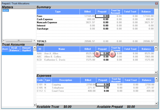 Prepaids \ Trust Allocations window