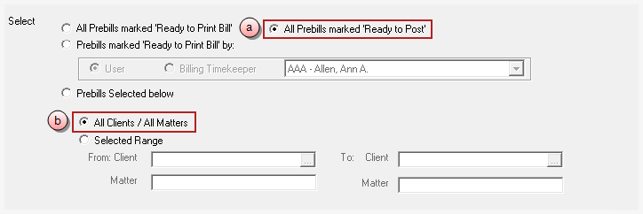 Billing, Print Bills, 'All Prebills marked Ready to Print Bill' for all clients/matters