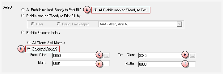 Billing, Print Bills, 'All Prebills marked Ready to Post' for a selected range of clients/matters