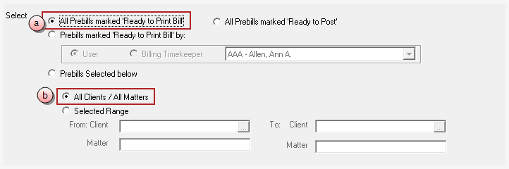 Billing, Print Bills, 'All Prebills marked Ready to Print Bill' for all clients/matters