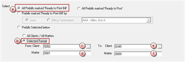 Billing, Print Bills, 'All Prebills marked Ready to Print Bill' for a selected range of clients/matters