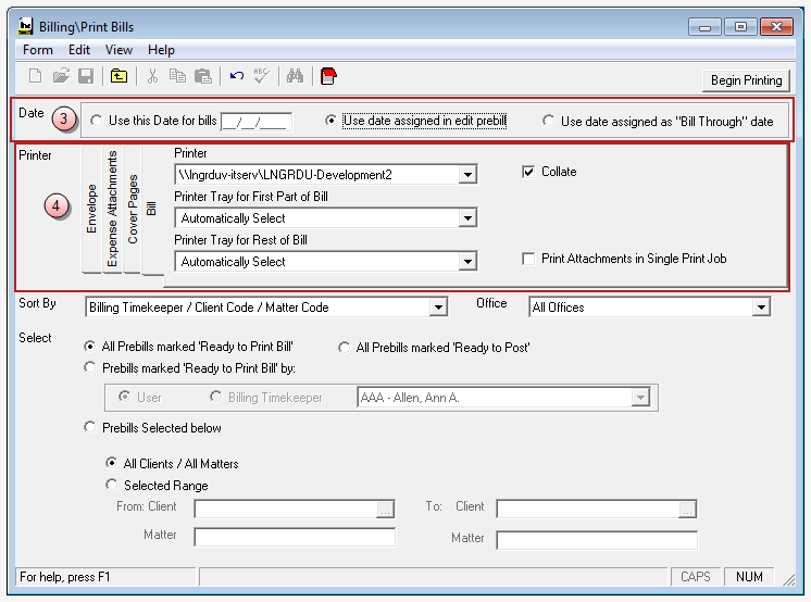 Billing\Print Bills window