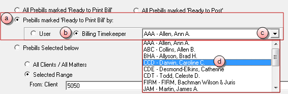 Billing, Print Bills print prebills marked ready by a specific billing timekeeper