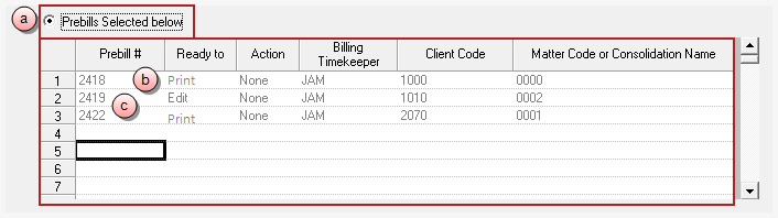 Billing, Print Bills, Prebills Selected below, by prebill number