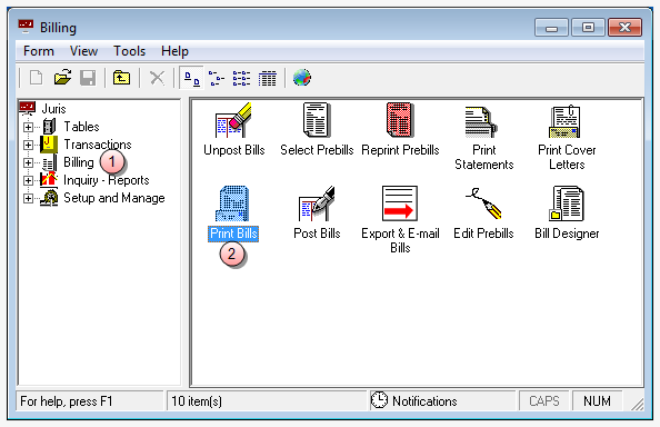 Billing, Print Bills selection