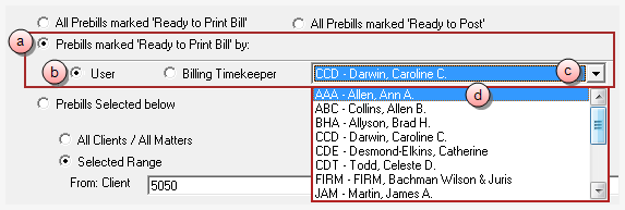 Billing, Print Bills, reprint prebills marked Ready to Print Bill by a specific user