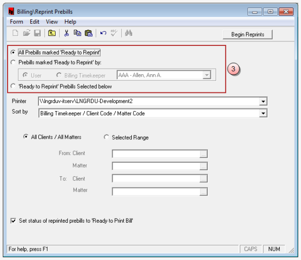 Billing, Reprint Prebills window