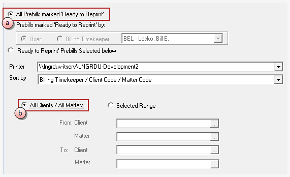 Billing, Reprint Prebills, 'All Prebills marked Ready to Print' for all clients/matters