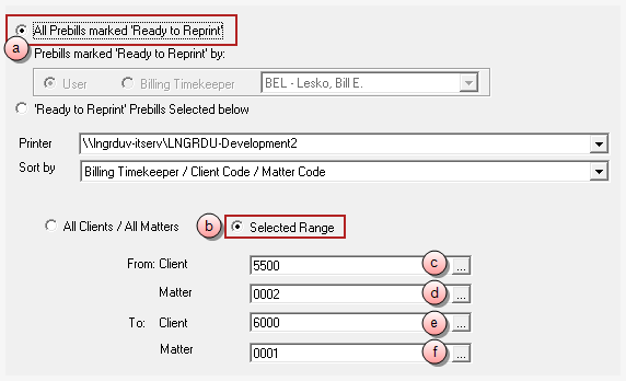 Billing, Reprint Prebills, 'All Prebills marked Ready to Print' option, by Selected Range