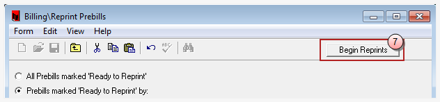 Reprint Prebills, Begin Reprint button