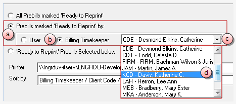 Billing, Reprint Prebills reprint prebills marked ready by a specific billing timekeeper