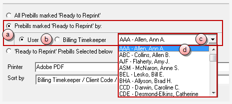 Billing, Reprint Prebills reprint prebills marked ready by a specific user