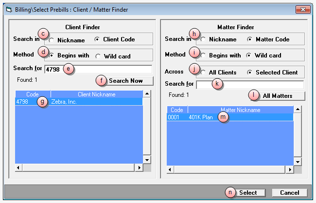 Billing \ Select Prebills : Client / Matter Finder wndow