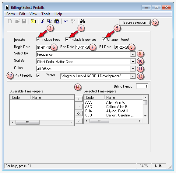 Billing\Select Prebills window