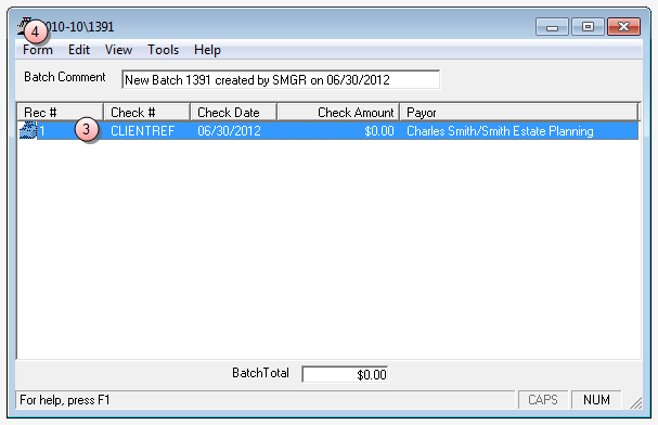 Cash receipt record window