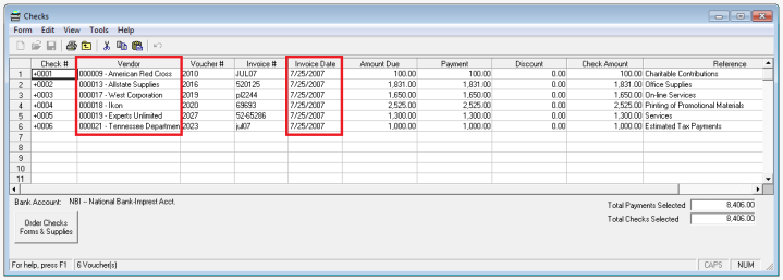 Checks window with vounchers displaying Vendor and Invoice Date information