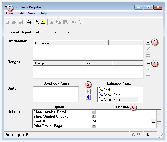 Print Check Register window