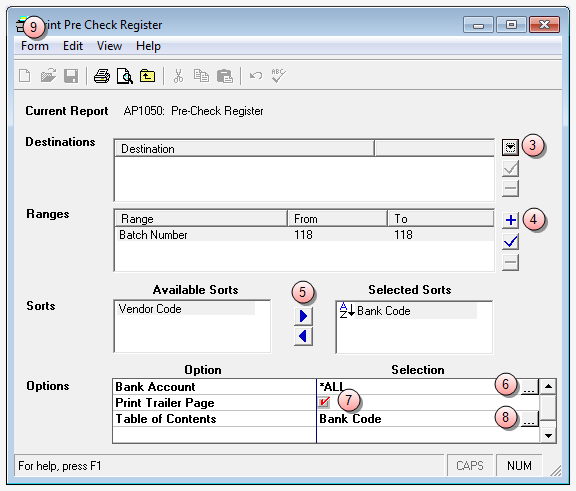 Print Pre Check Register window