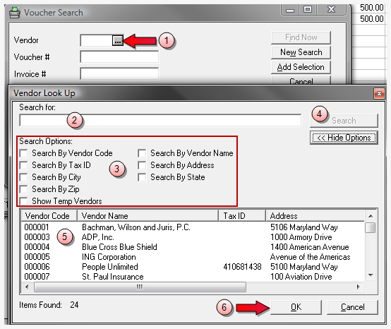 Vendor lookup from voucher search window