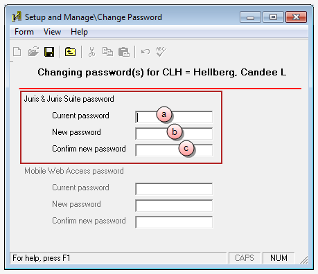 Setup and Manage\Change Password window, Change Juris and Juris Suite password