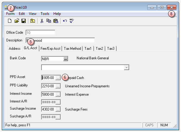 Offices window, G/L acct tab 